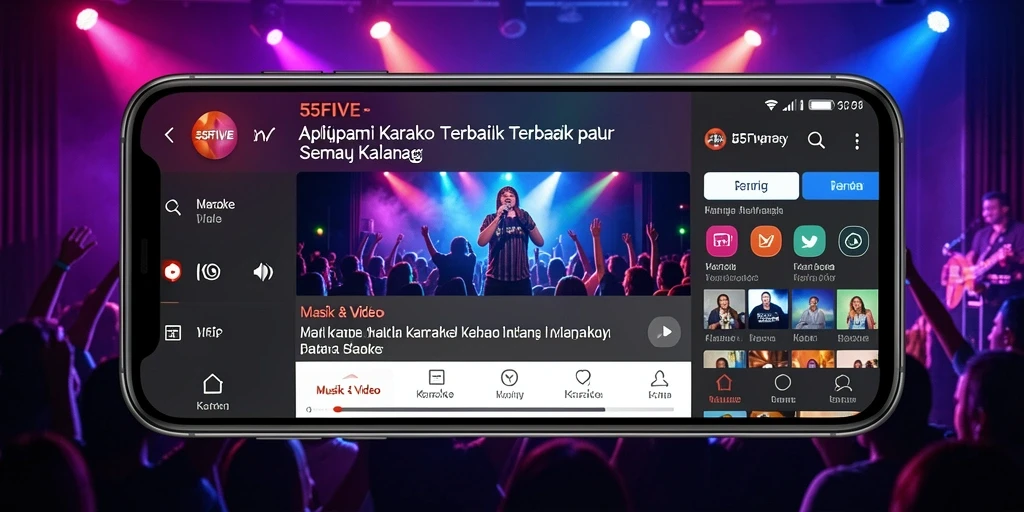 Tampilan antarmuka aplikasi Karaoke 55FIVE dengan lirik dan efek suara.