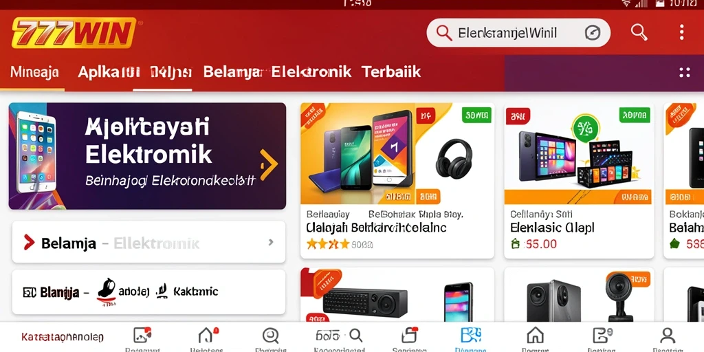 Tampilan antarmuka 777WIN dengan berbagai kategori produk elektronik.